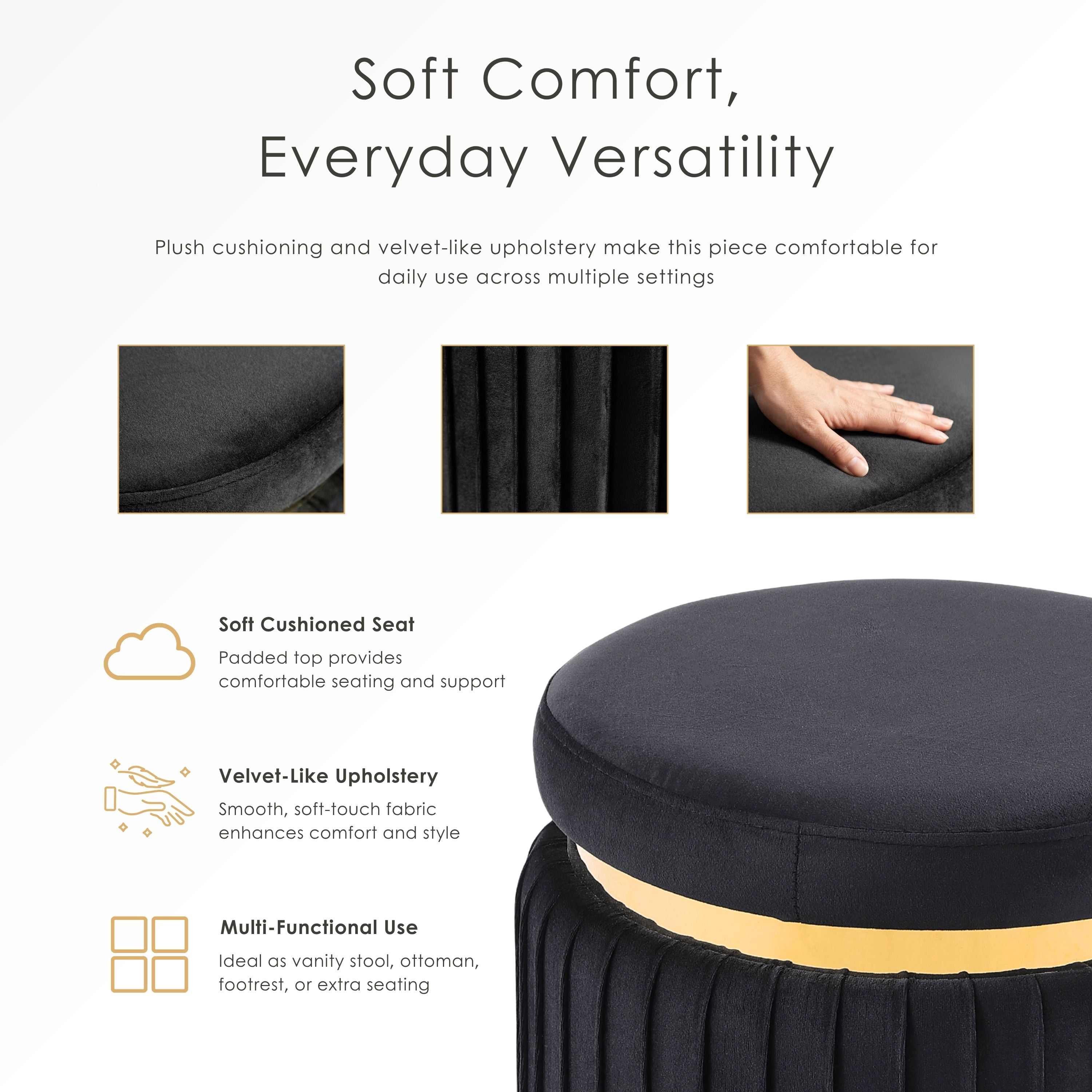 Furniture of America Rigi Modern 15" Upholstered Round Stool, White and Gold