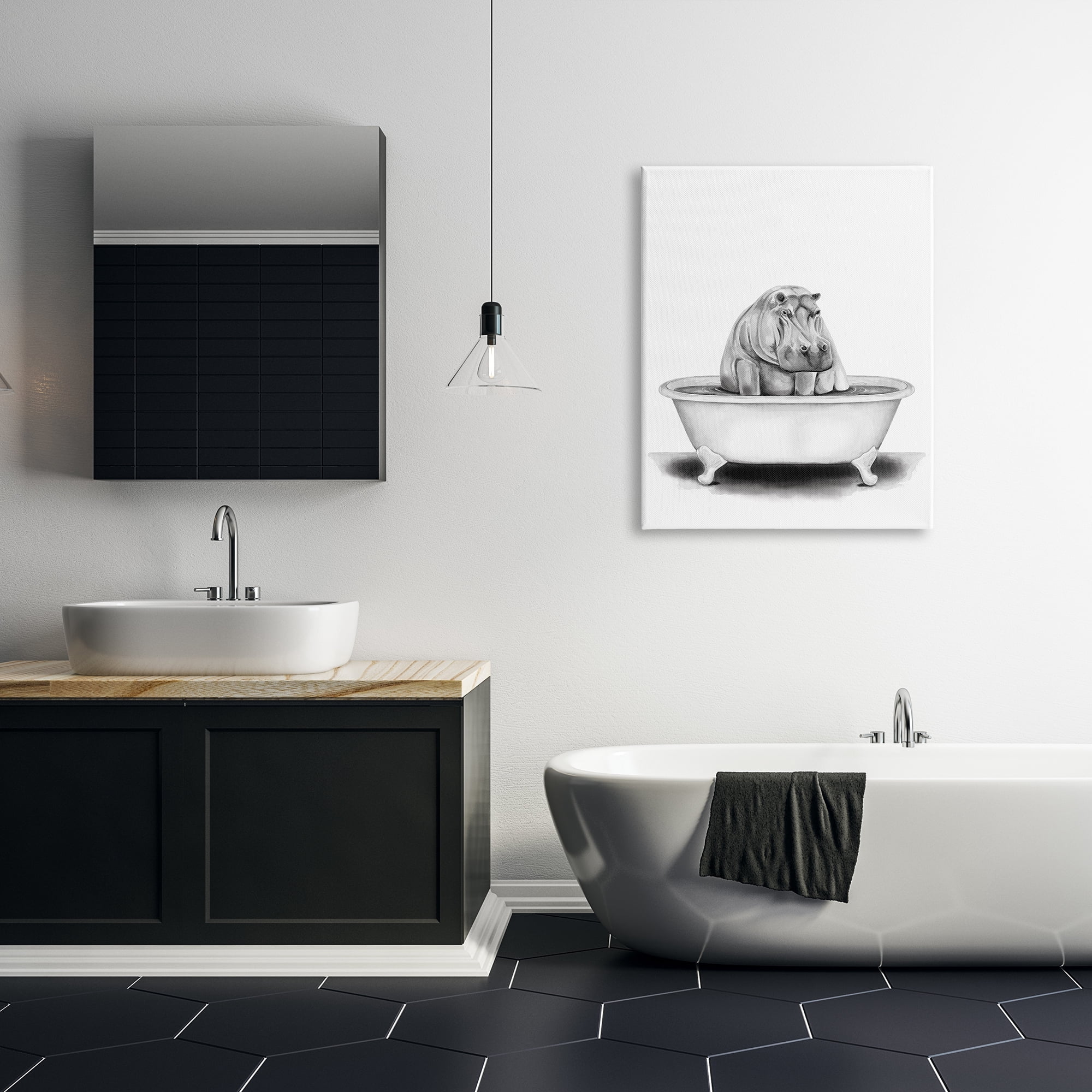 Stupell Industries Hippo In A Tub Funny Animal Bathroom Drawing Canvas Wall Art by Rachel Neiman, 36" x 48"