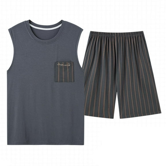 2 Piece Short Pajama Sets for Men with Pockets Loungewear Outfits Mens Casual Stripe Printed Sleeveless Tank Tops and Shorts Homewear Pajamas