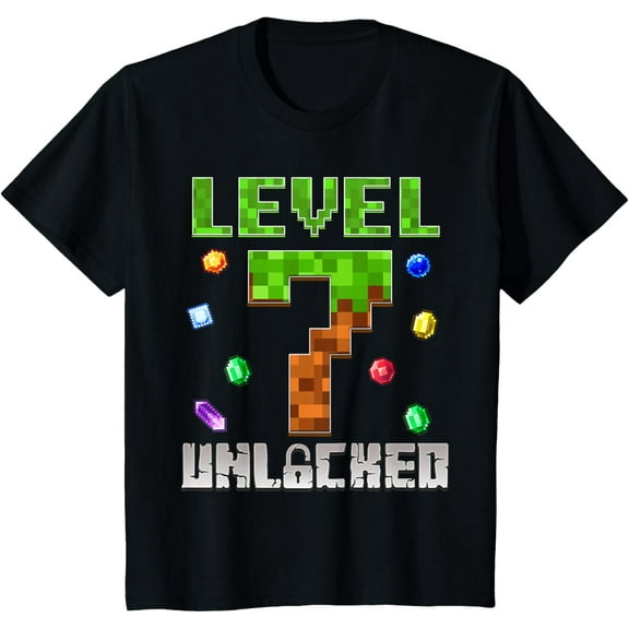 Birthday Boy Level 7 Unlocked 7th Birthday Game Pixel T-Shirt