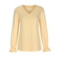 thumbnail image 5 of Fall Tops for Women V Neck Long Sleeve Lace Trim Hollow out Trendy Blouse Solid Color Sexy Going out Tunic Shirt, 5 of 9