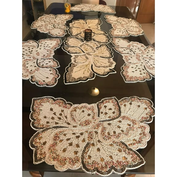 Designer Table Runner And Placemat Set, Beaded Table Runner And Table Mats Set, Luxury 13 pieces Dining Set