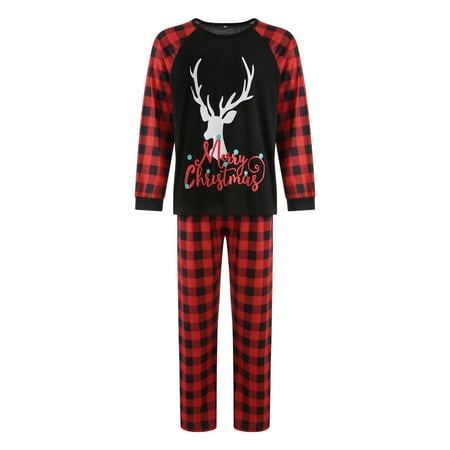 

Christmas Matching Family Pajamas Long Sleeve Letter Print Tops + Plaid Trousers Set