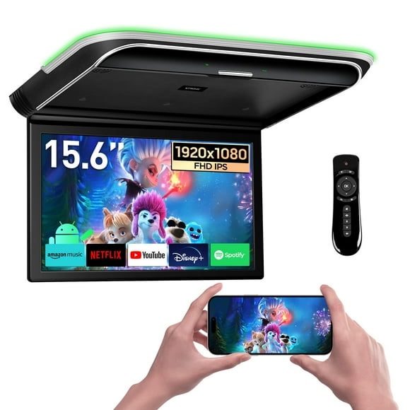 XTRONS Android Car Overhead Player Pantalla táctil IPS de 15,6" de ancho Monitor de vídeo 8K para montaje en techo de coche con altavoces estéreo integrados Monitor de coche abatible hacia abajo Compa