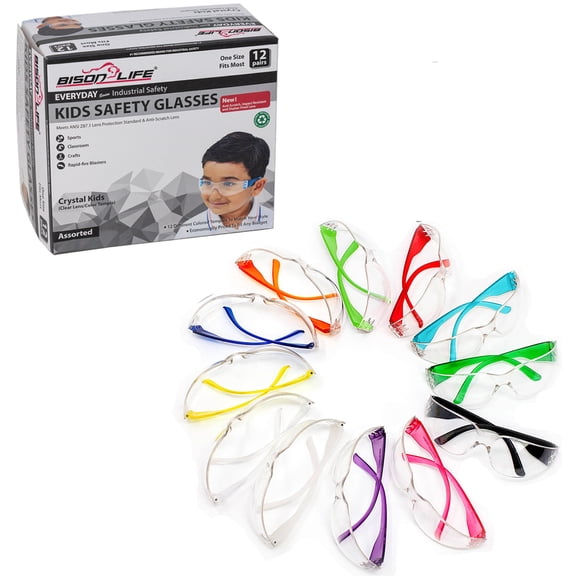 Bison Life Kids Protective Safety Glasses (Pack of 12) ANSI Z87.1, Clear Lens Multi-Color Temple, Impact & Scratch Resistant