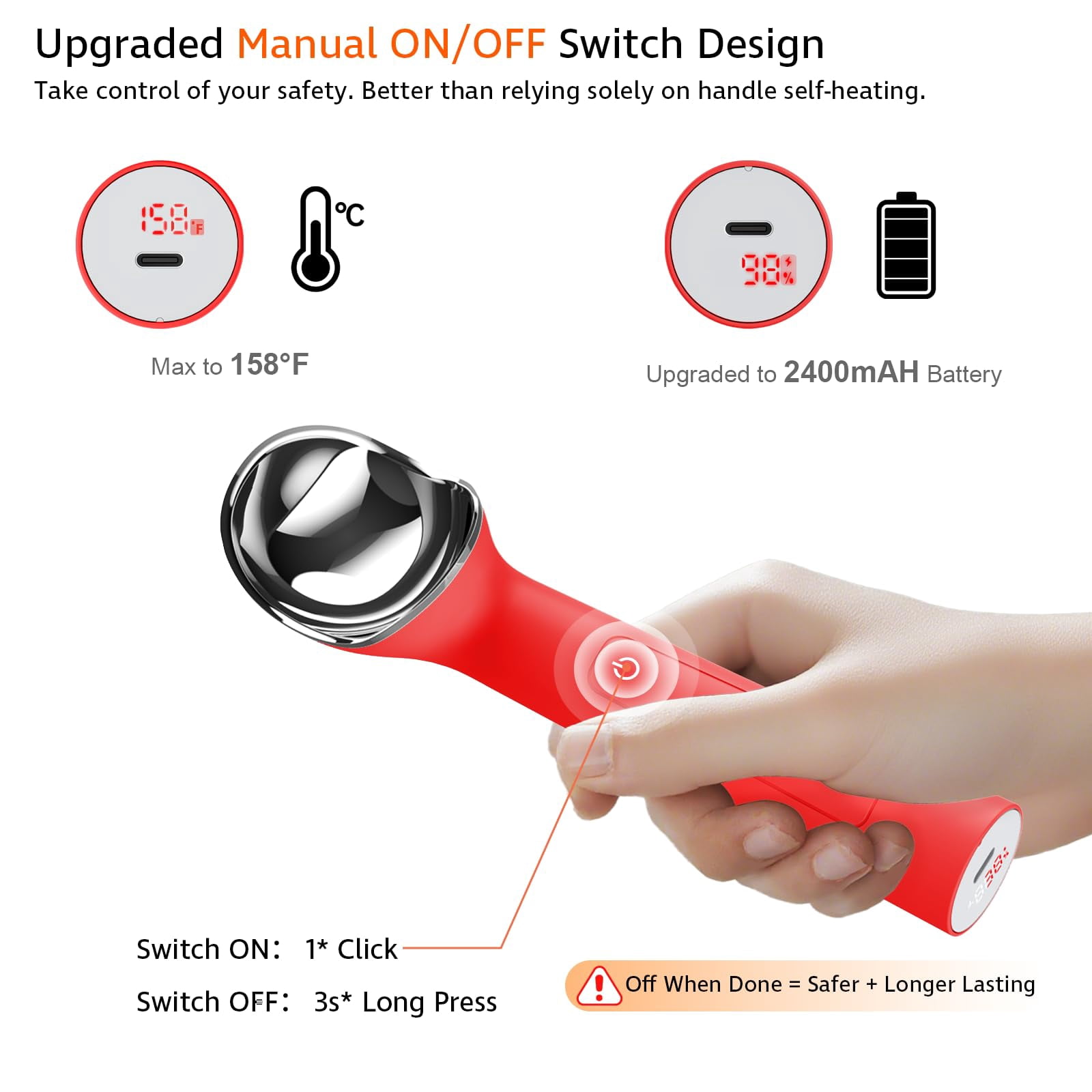 Heated Ice Cream Scoop with Holder, Red, Gen 3.0 USB Rechargeable Kitchen Gadget
