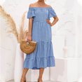 thumbnail image 4 of CEHVOM Women Shoulder Neck Short Sleeve Plaid Print Flowy Dress, 4 of 6