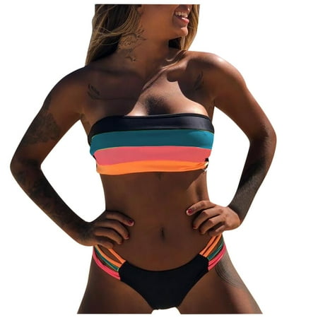 2 Piece Bikinis V-Neck for Women Swimwear Colored Stripes Bikini Set Push-up Padded Bra Bathing Beachwear Beach Vacation Clothes Blue