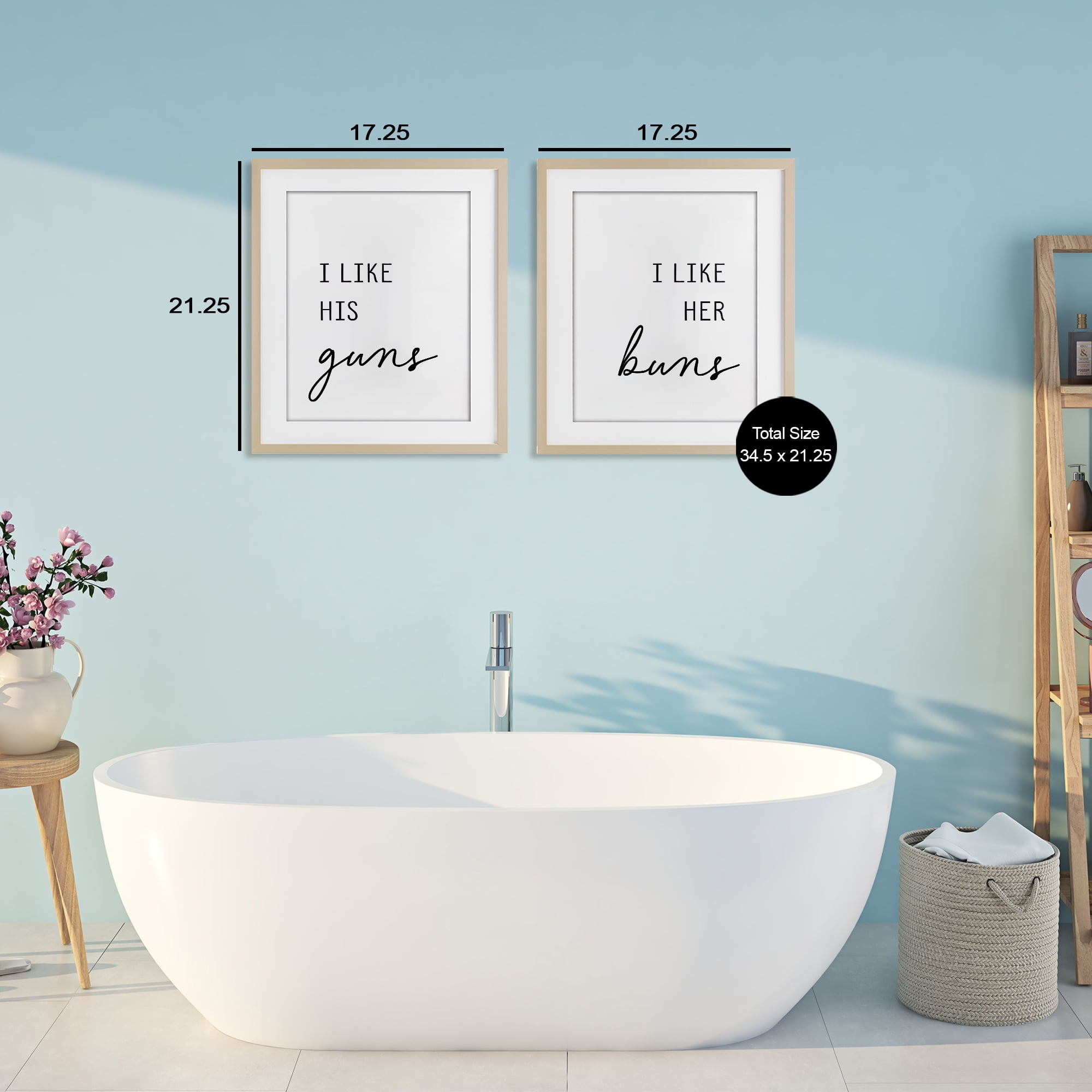 Like His Guns & Her Buns 2 Piece Birch Framed Print Under Glass Set, design by Lettered and Lined