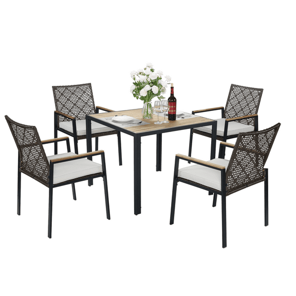 5-Piece Patio Dining Table Sets,All Weather Patio Furniture Sets Acacia Wood Table Top with Umbrella Hole,Dark Brown