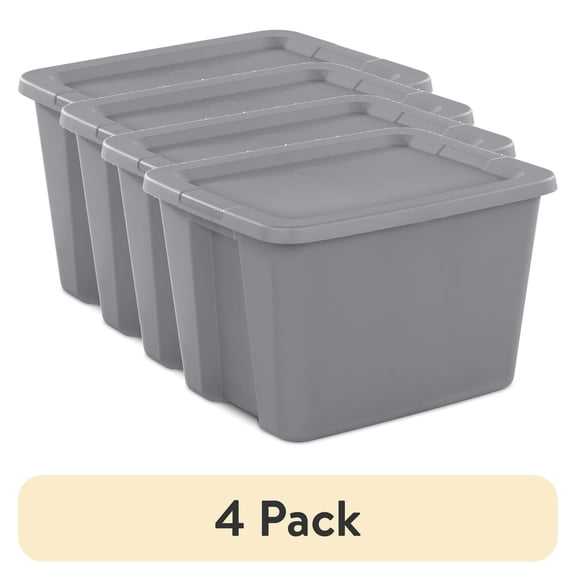 (4 pack) Large Storage Bin, 18 Gallon Plastic Storage Container with Snap-On Lid, Gray