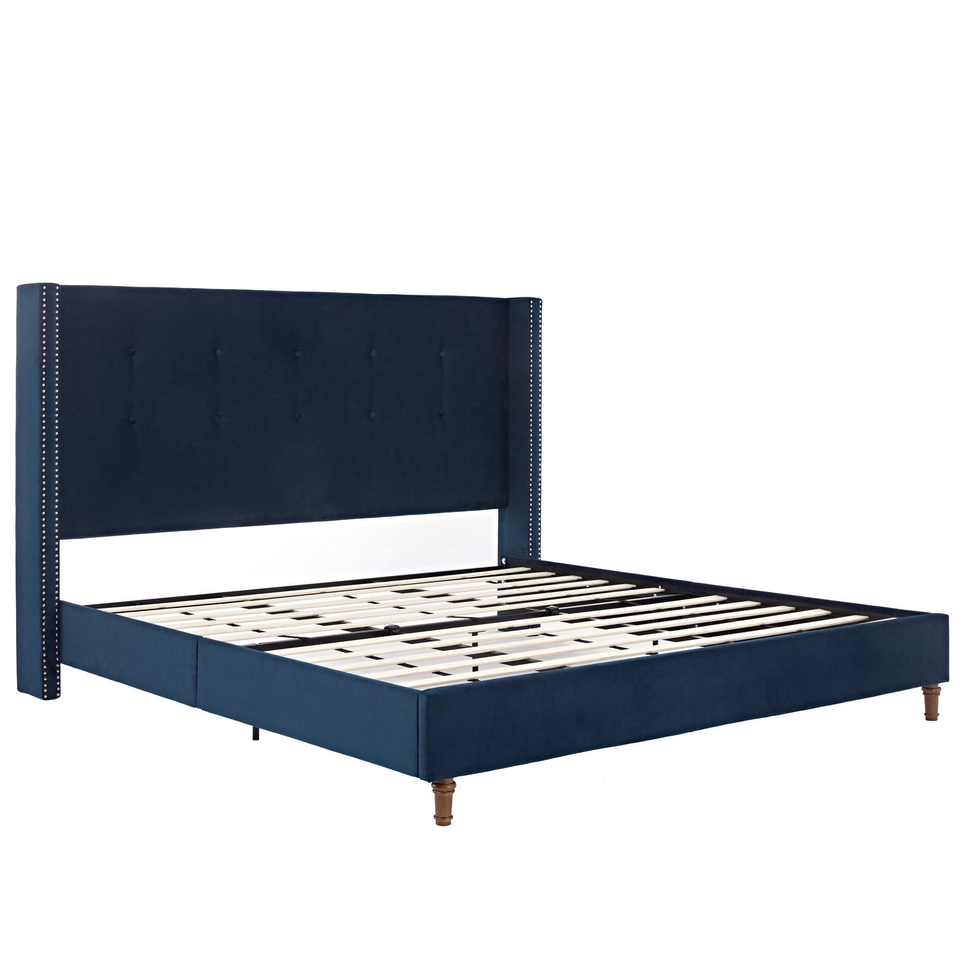 Miniyam King Size Platform Bed Frame with 54" High Wingback Headboard, Tufted & Nailhead Trim, Blue