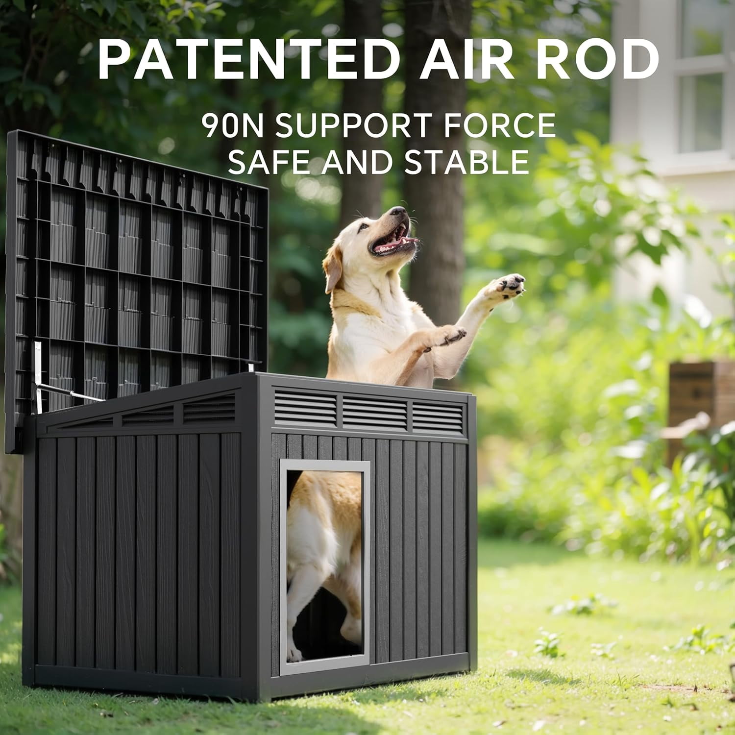 OFFIGAM Weatherproof Dog House Black Indoor Outdoor Medium Large with Air Rod Roof 32.2x25.12x24.13in