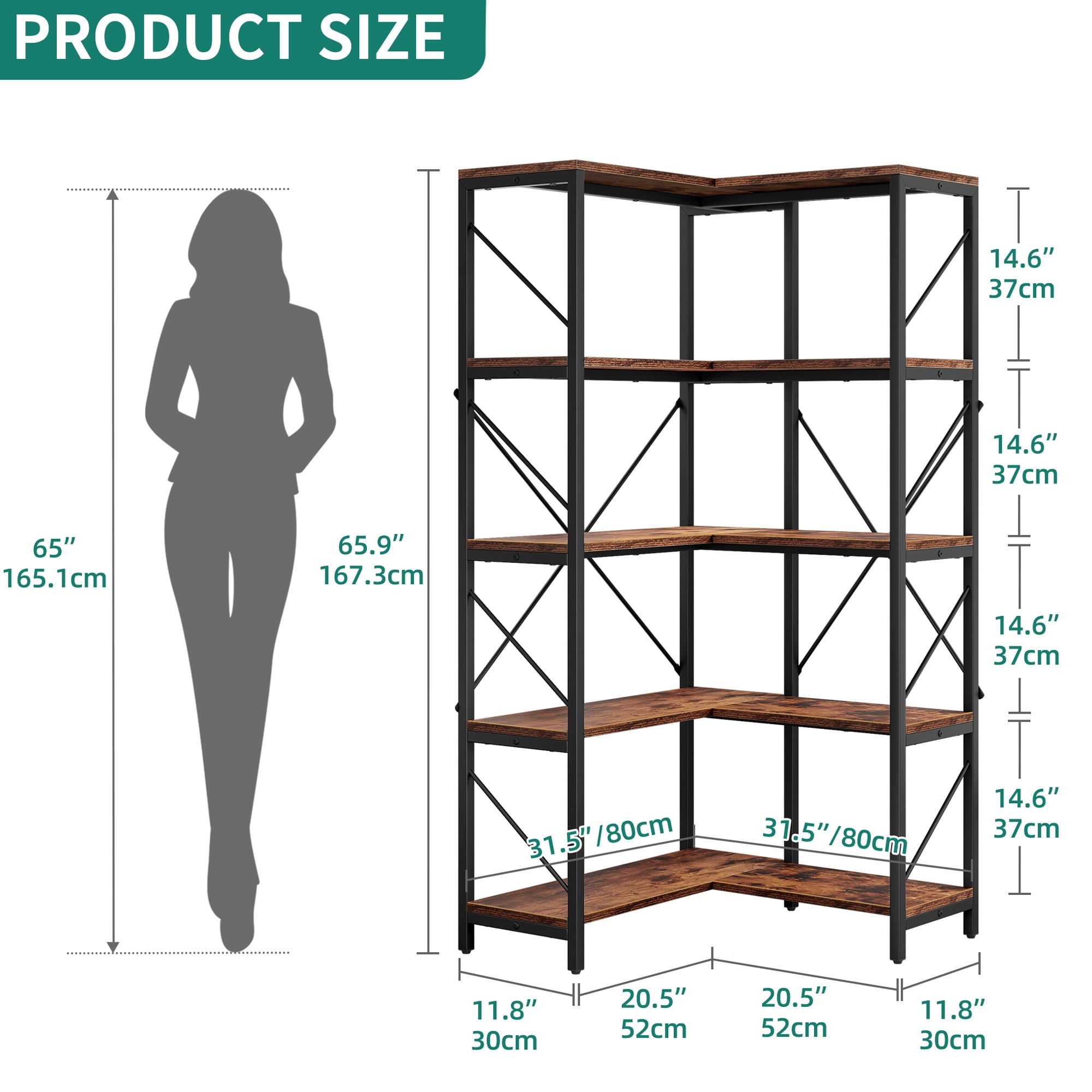 Dextrus 5-Tier L-Shaped Bookcase Storage Organizer, Tall Corner Bookshelf Open Display Freestanding Storage, Brown
