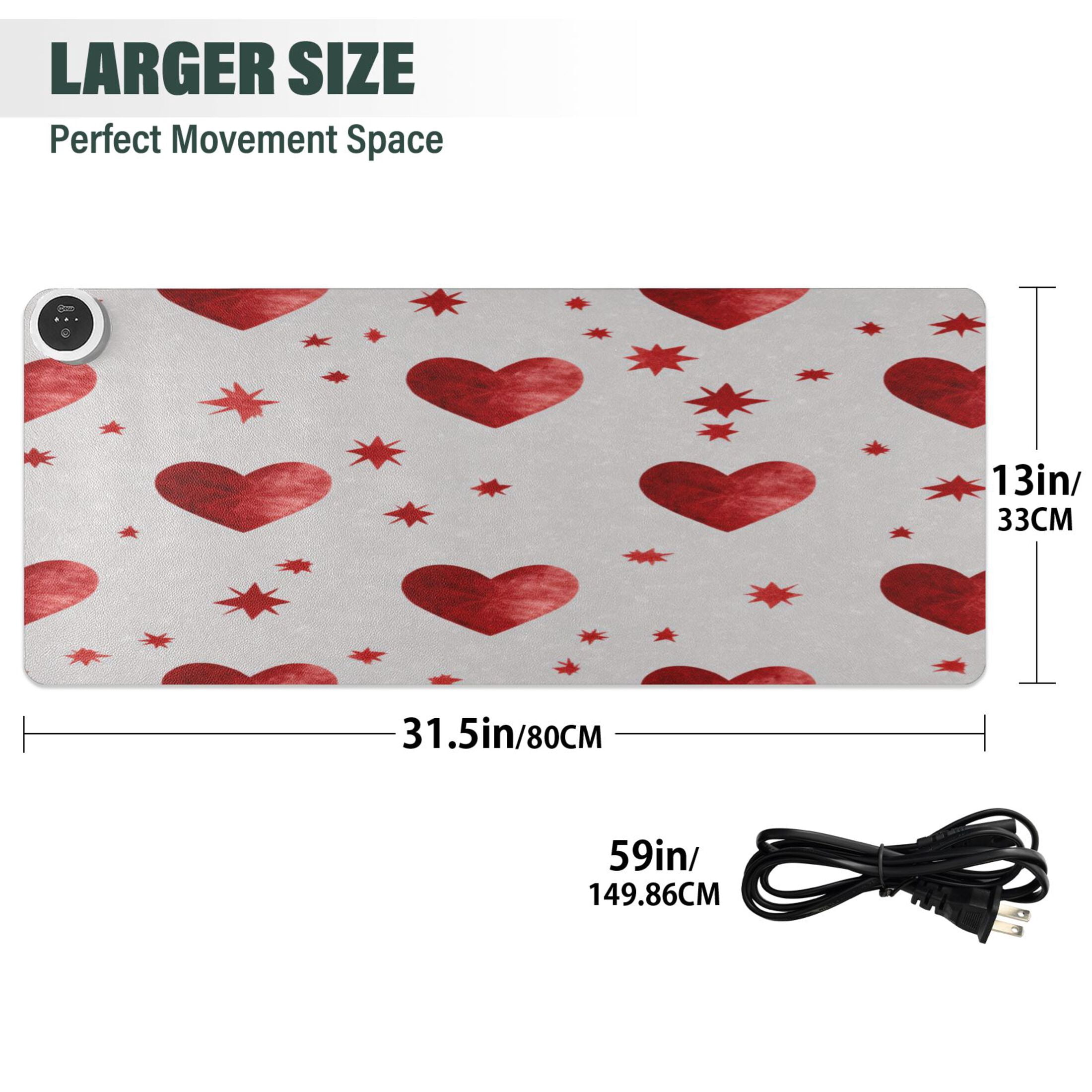 Large Heated Desk Mat Mouse Pad 31.5"x13"PU Leather Graphene Heating Desk Warmer with 3 Temperature Settings 110V US Plug Non-Slip Warm Pad for Home, Office, and Gaming Simple Red Heart Pattern