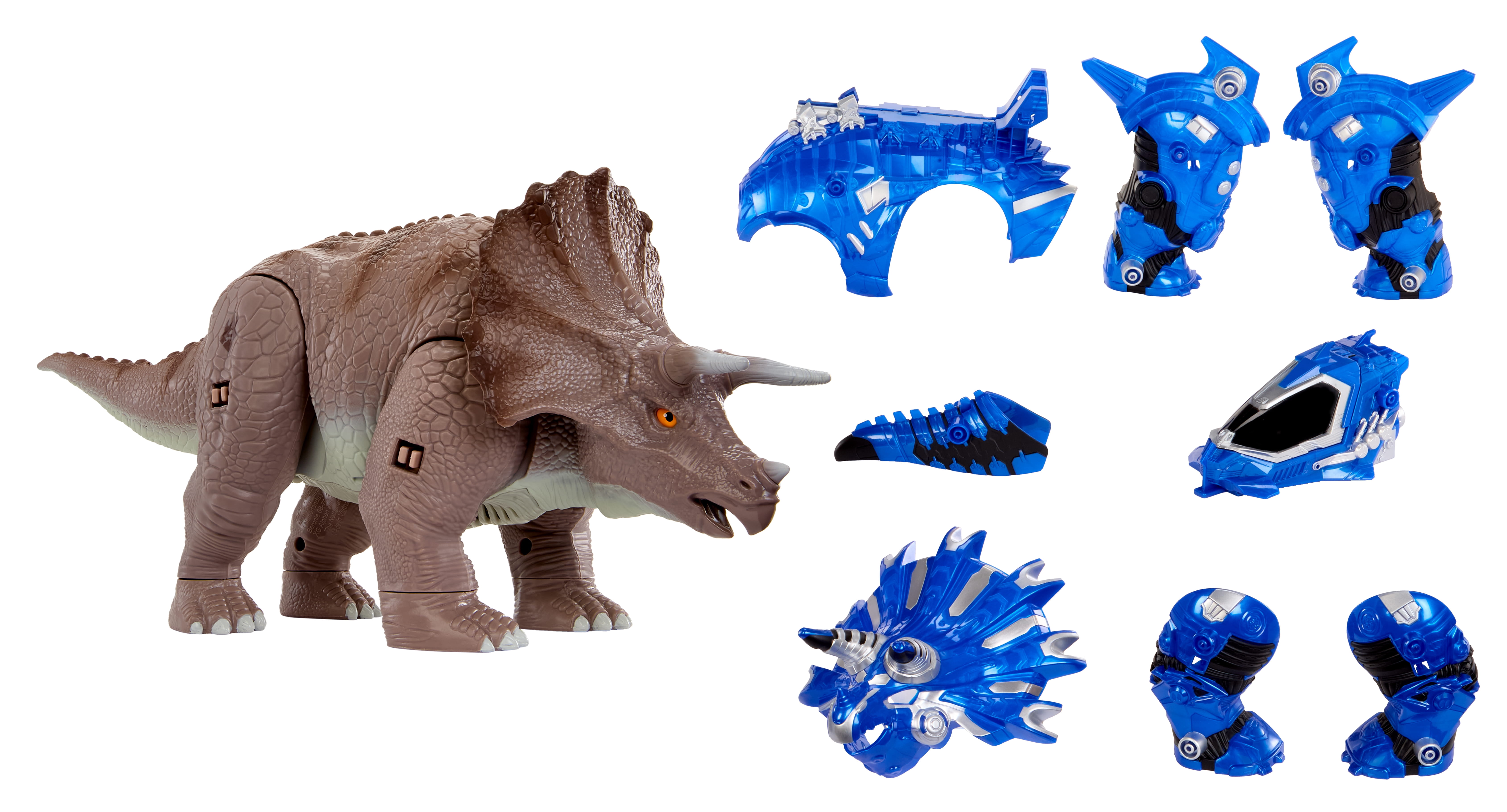 Armorsaurs Armor-Up Triceratops Dinosaur Cobalt Toy Figure with 7 Removable Armor Pieces, Tail-Triggered Chomp, Pilot Pod Compatible, Kids, Boys, Girls, Ages 6+