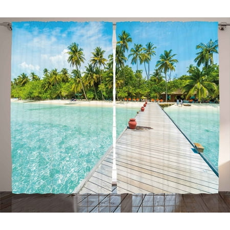 Tropical Curtains 2 Panels Set, Maldives Island with Beach Wooden Deck Palms Exotic Holiday Picture, Window Drapes for Living Room Bedroom, 108W X 108L Inches, Aqua Turquoise Fern Green, by