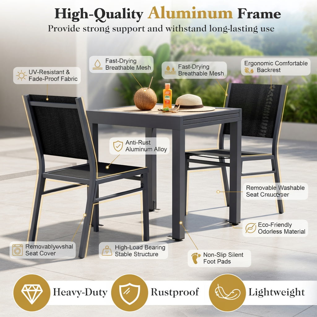 Hommoo 2-Pack Outdoor Dining Chairs, Breathable Mesh Back & Seat, Lightweight Aluminum Frame, Rust-Resistant for Patio, Porch, Poolside & Indoor Use, Black