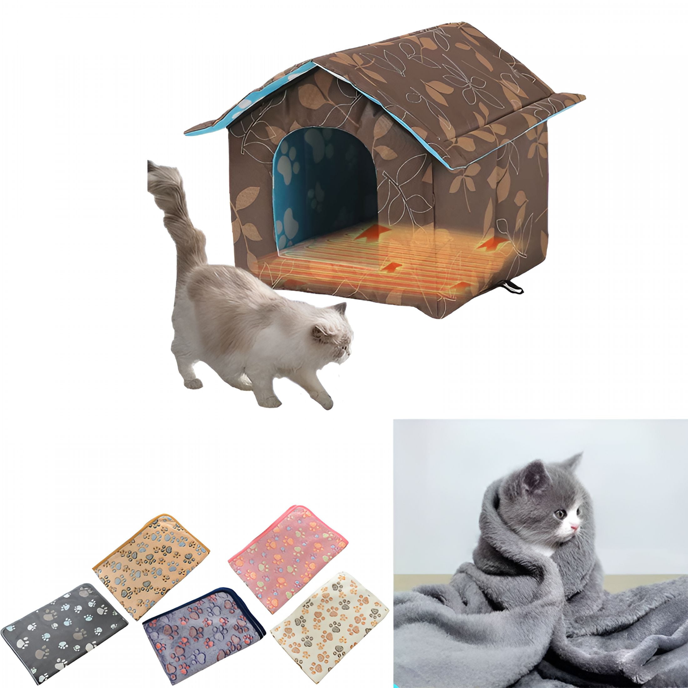 XIBUFE Winter Cat House for Outdoor Indoor Cats with Self Warming Pad, Weather-Proof Heat Insulated Warm Cat Dog Shelter Enclosure for Cats Dogs Rabbits, Portable Water-Proof Tent for Feral (S)