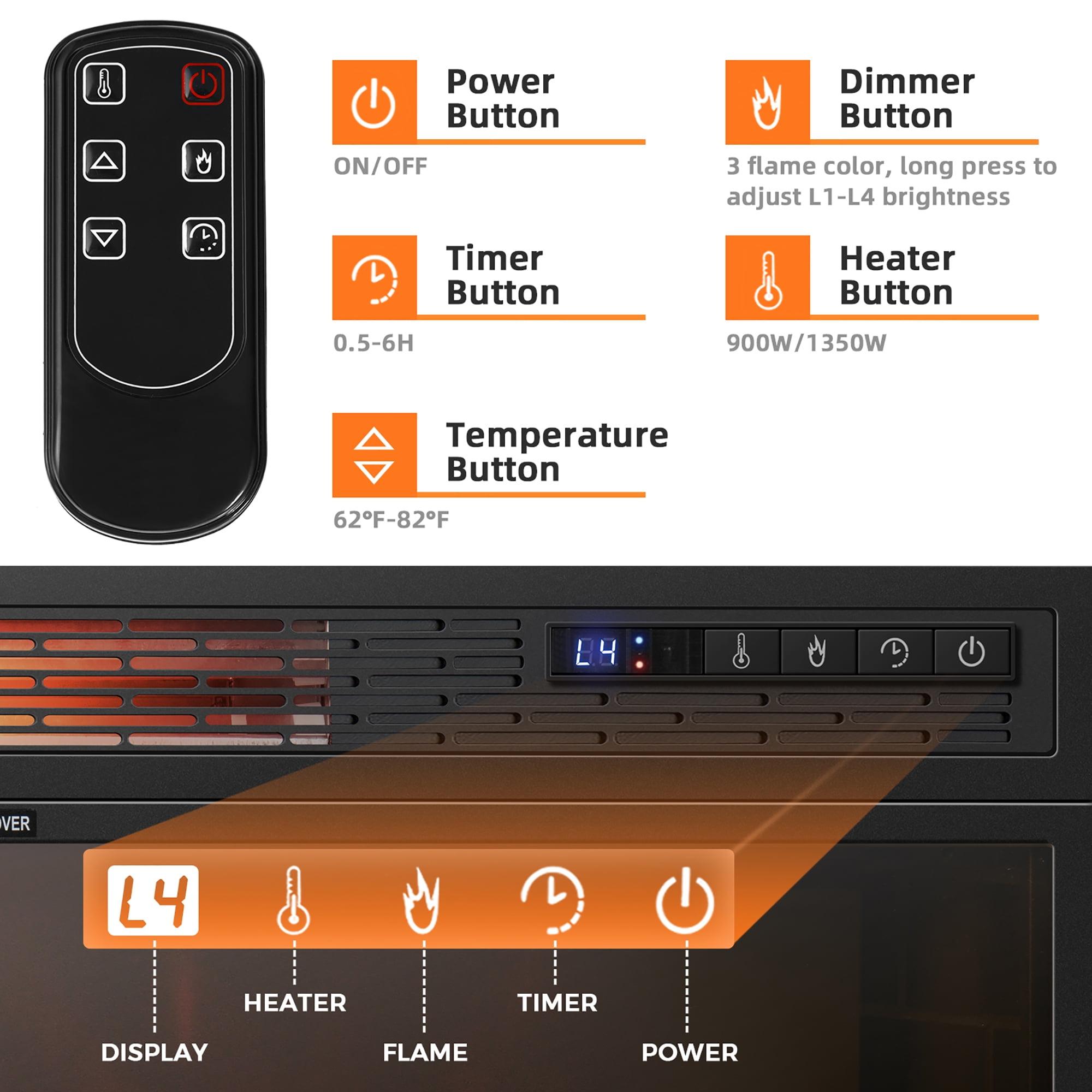 Costway 25''Electric Fireplace Freestanding & Recessed Heater Log Flame Remote 1350W