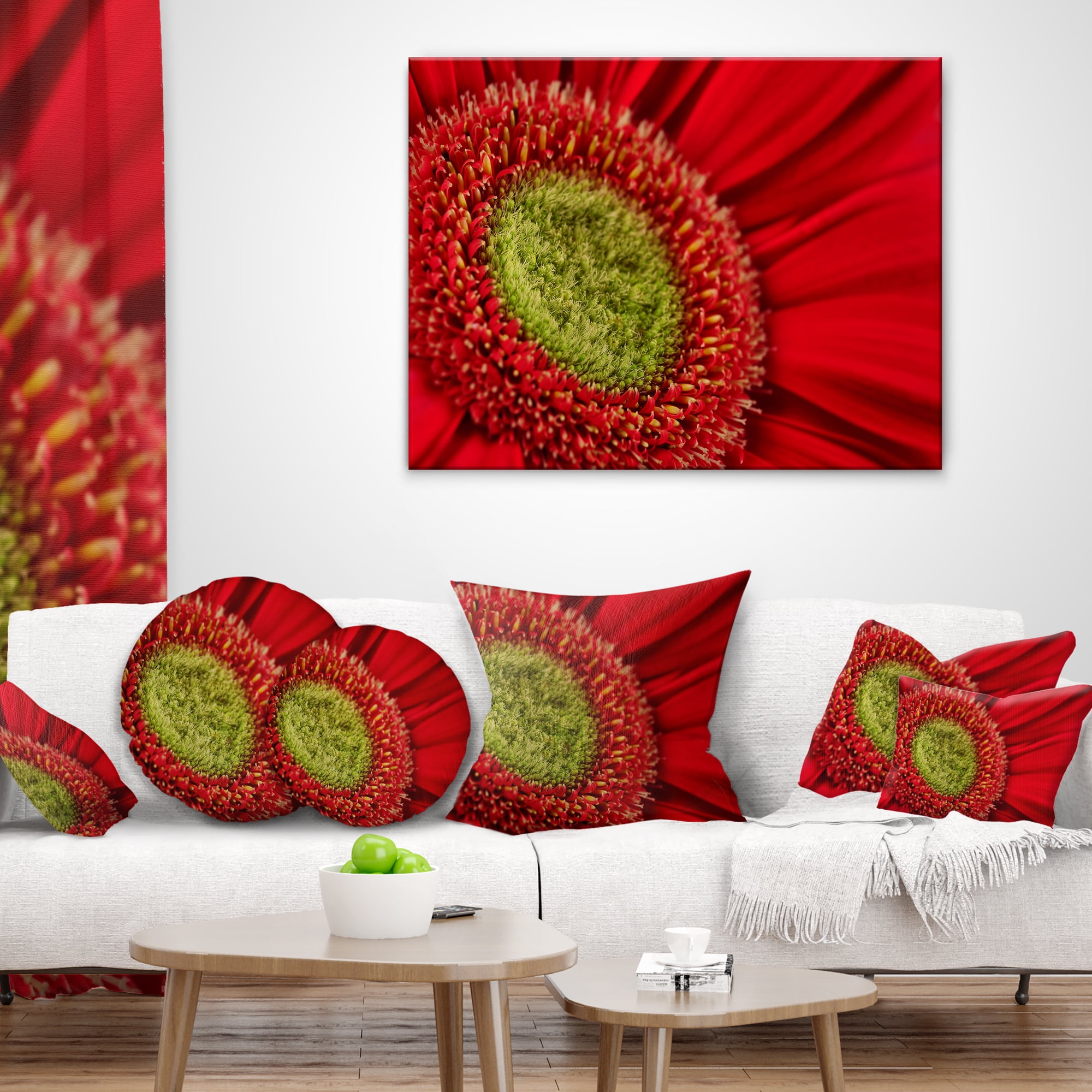 Designart Red Daisy Gerbera Flower Close up - Flowers Throw Pillowwork - 12x20
