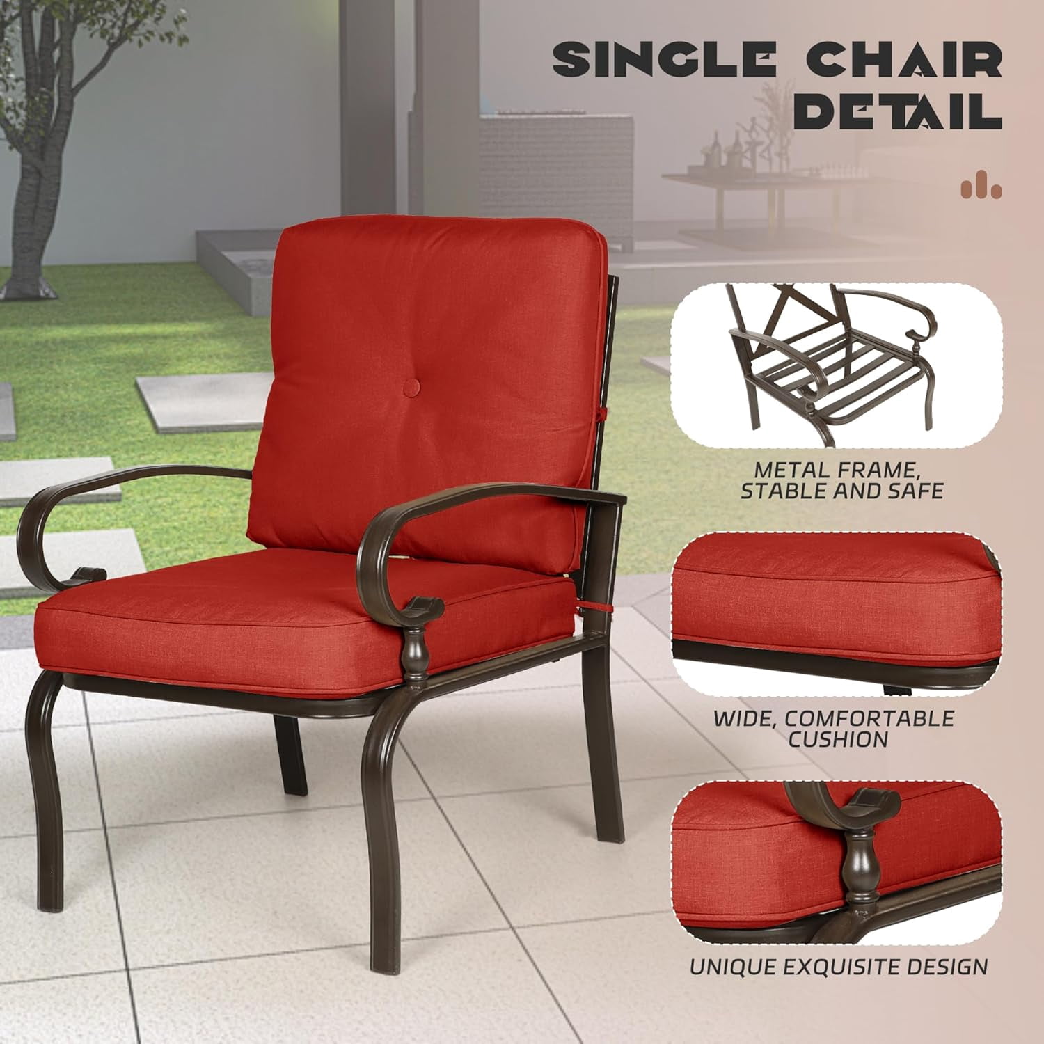 SOLAURA 4-Piece Outdoor Furniture Patio Conversation Set with Metal Table and Seating Cushions(Red)