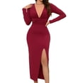 thumbnail image 2 of Women Deep V Neck Long Sleeve Slit Fall Elegant Formal Wedding Guest Cocktail Evening Date Prom Maxi Long Dress Wine Red XS, 2 of 9