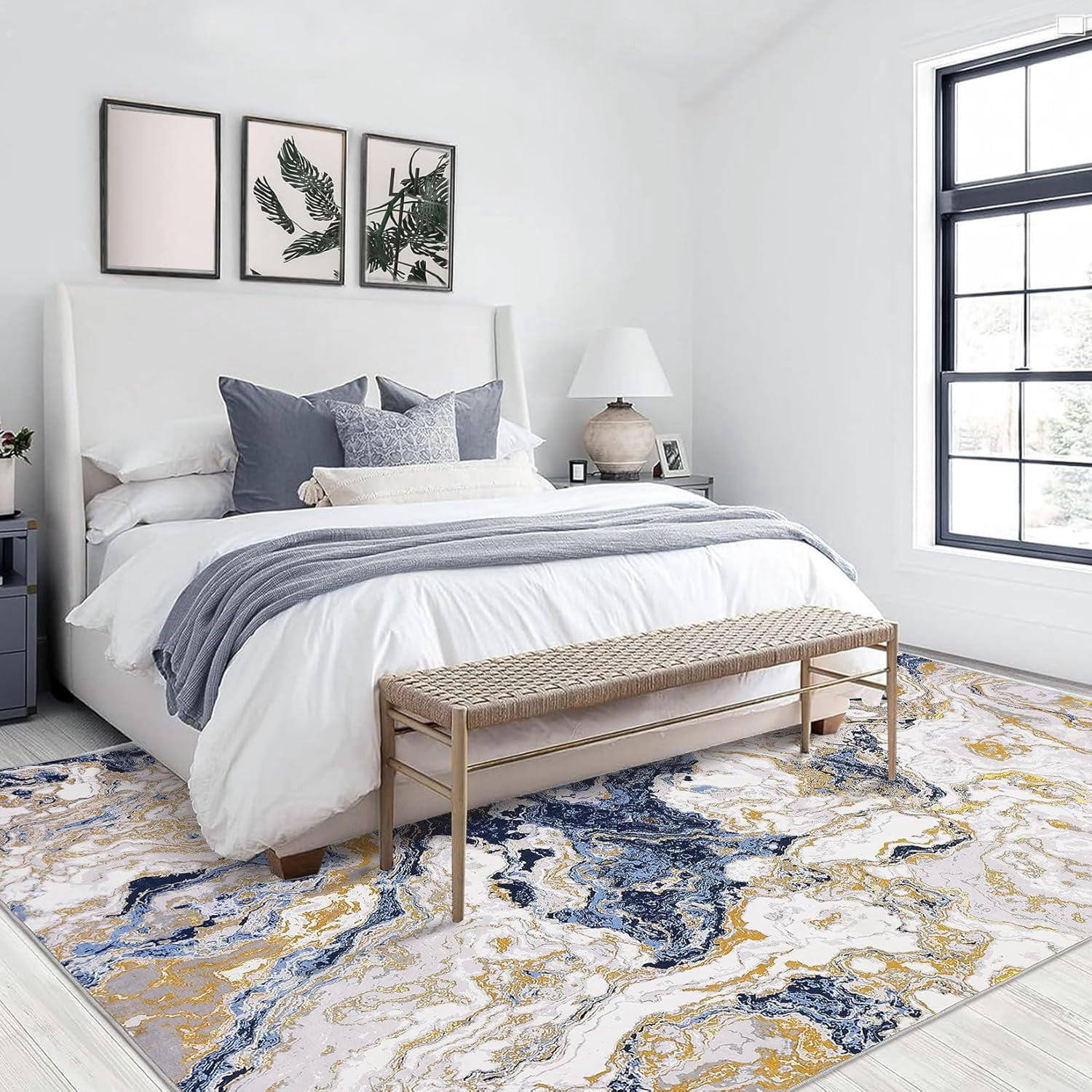 Homhougo 5x7 Washable Abstract Marble Area Rug, Soft Modern Non-Slip Luxury Carpet for Living Room, Bedroom, High Traffic Kitchen Entryway, Blue