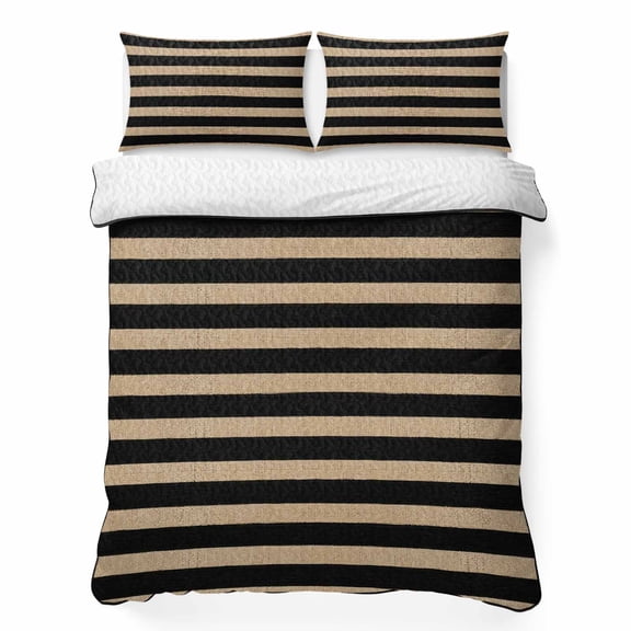 Black Stripes 3 Piece Quilt Bedding Set with 2 Pillow Shams, Black Tan Striped Bands Rustic Farmhouse Boho Lightweight Bedspread Coverlet, Soft Breathable All Season Quilt, 68 x 86 Inch