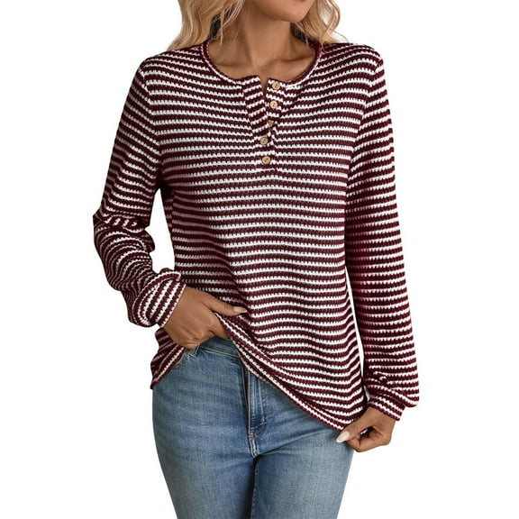 hotojiny Fall Tops for Women Cute Striped Button Crew Neck Pullover Lightweight Long Sleeve Loose Fit Henley Shirt Winter Clothes