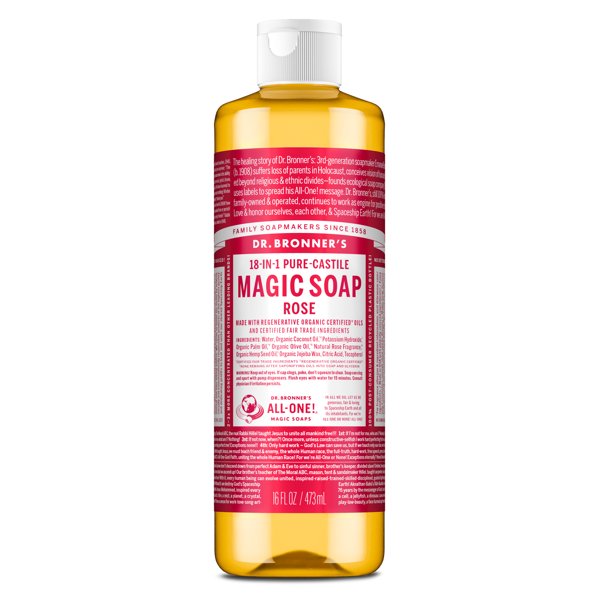 Dr. Bronner's Magic Soap - Rose - Pure-Castile Liquid Soap - 16 fl oz - for Face, Body Wash, Hands