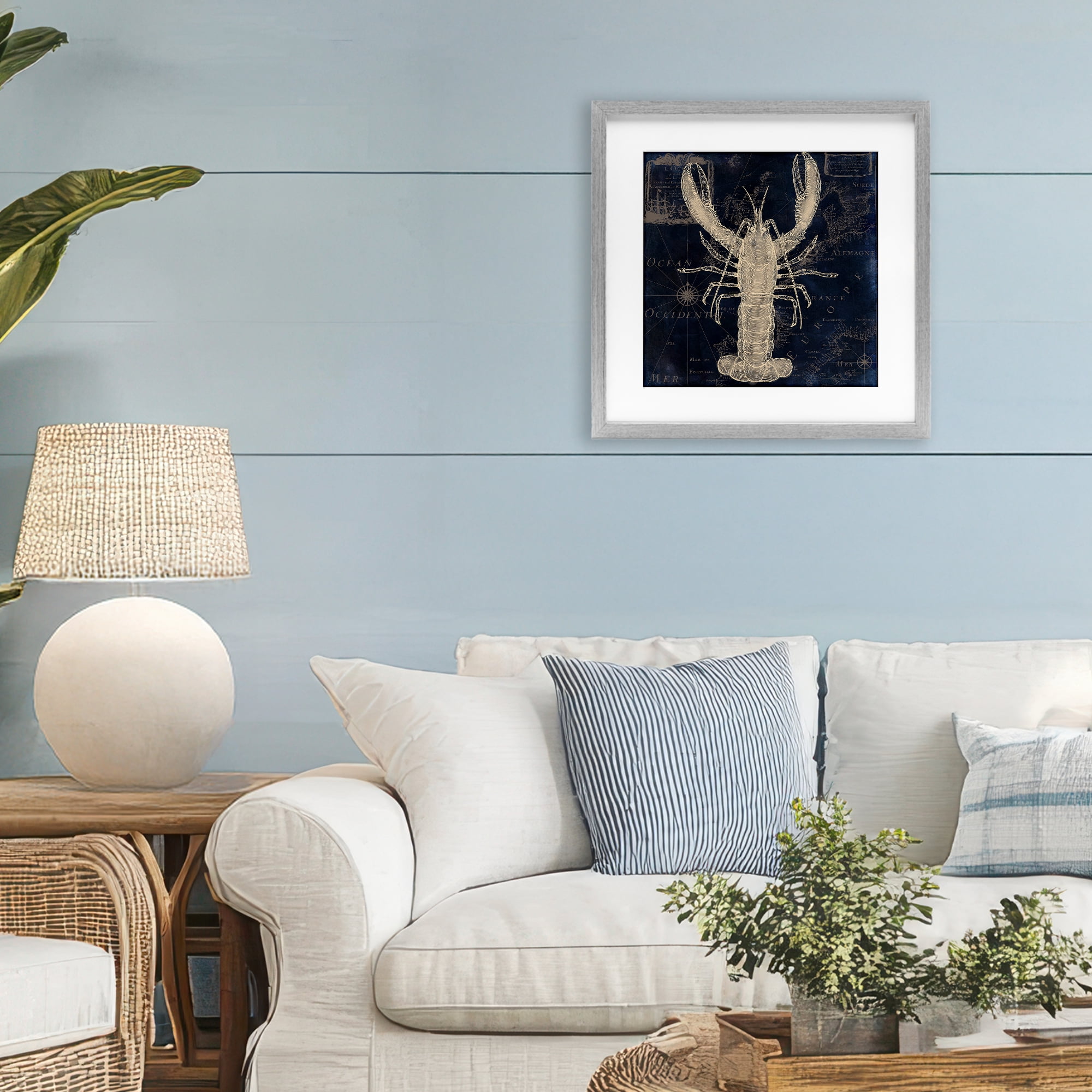 Lobster Contour over Map Gray Framed Print Under Glass, design by Sasha