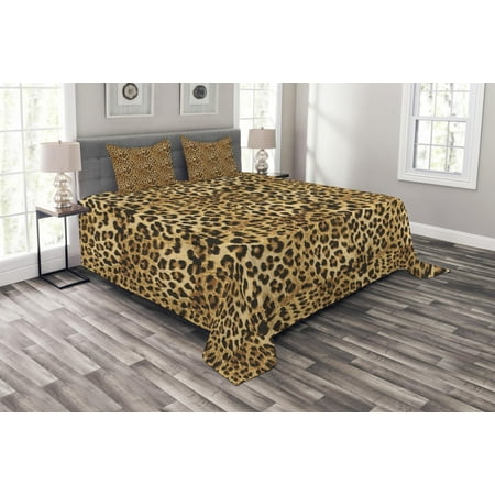 Brown Bedspread Set, Leopard Print Animal Skin Digital Printed Wild African Safari Themed Spotted Pattern Art, Decorative Quilted Coverlet Set with Pillow Shams Included, Brown, by