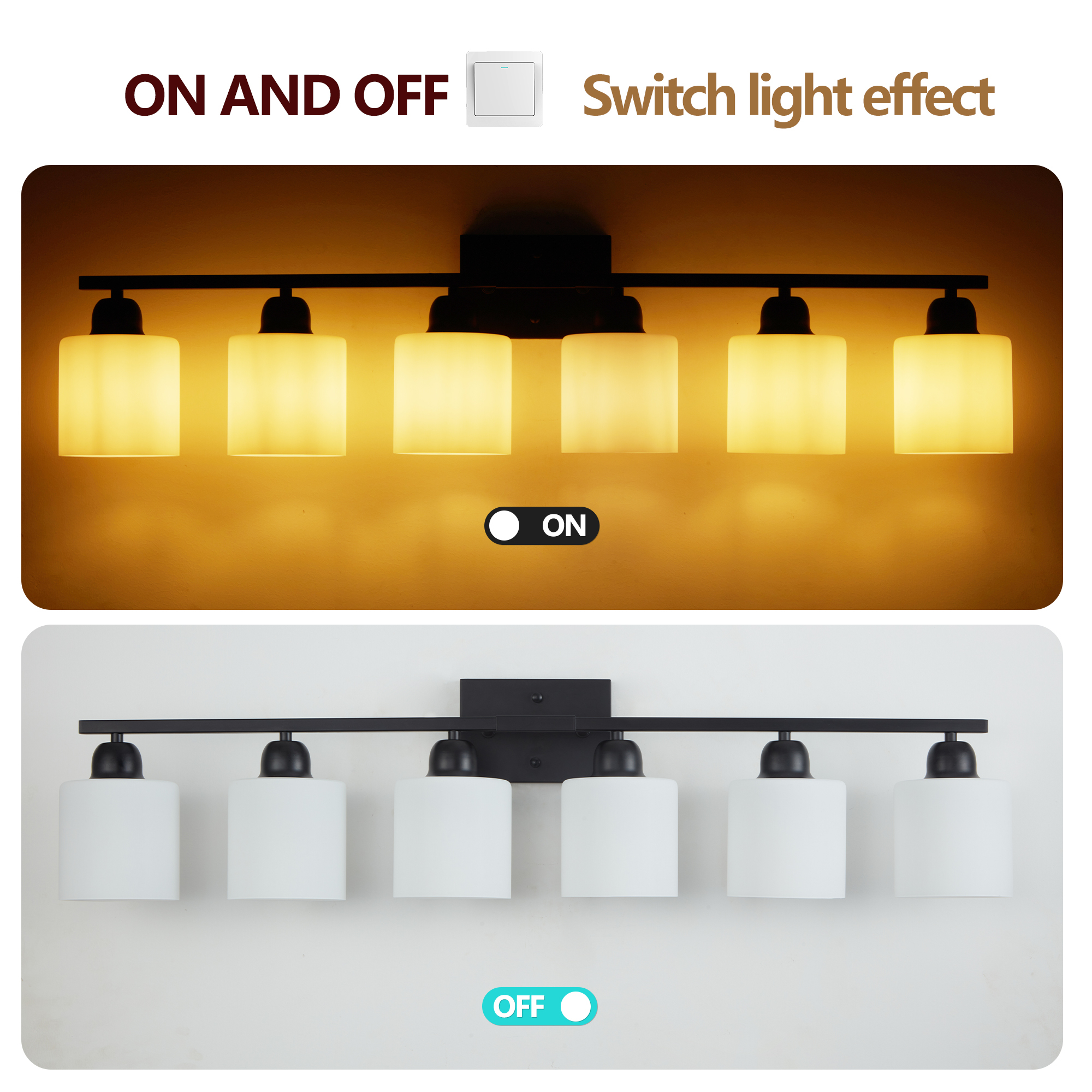 Leumius 6-Light Bathroom Vanity Light Fixture, Modern Vanity Light Over Mirror, Wall Sconces with Milky White Frosted Glass Shades for Mirror, Bathroom, Bedroom and Hallway Black (No Bulbs)