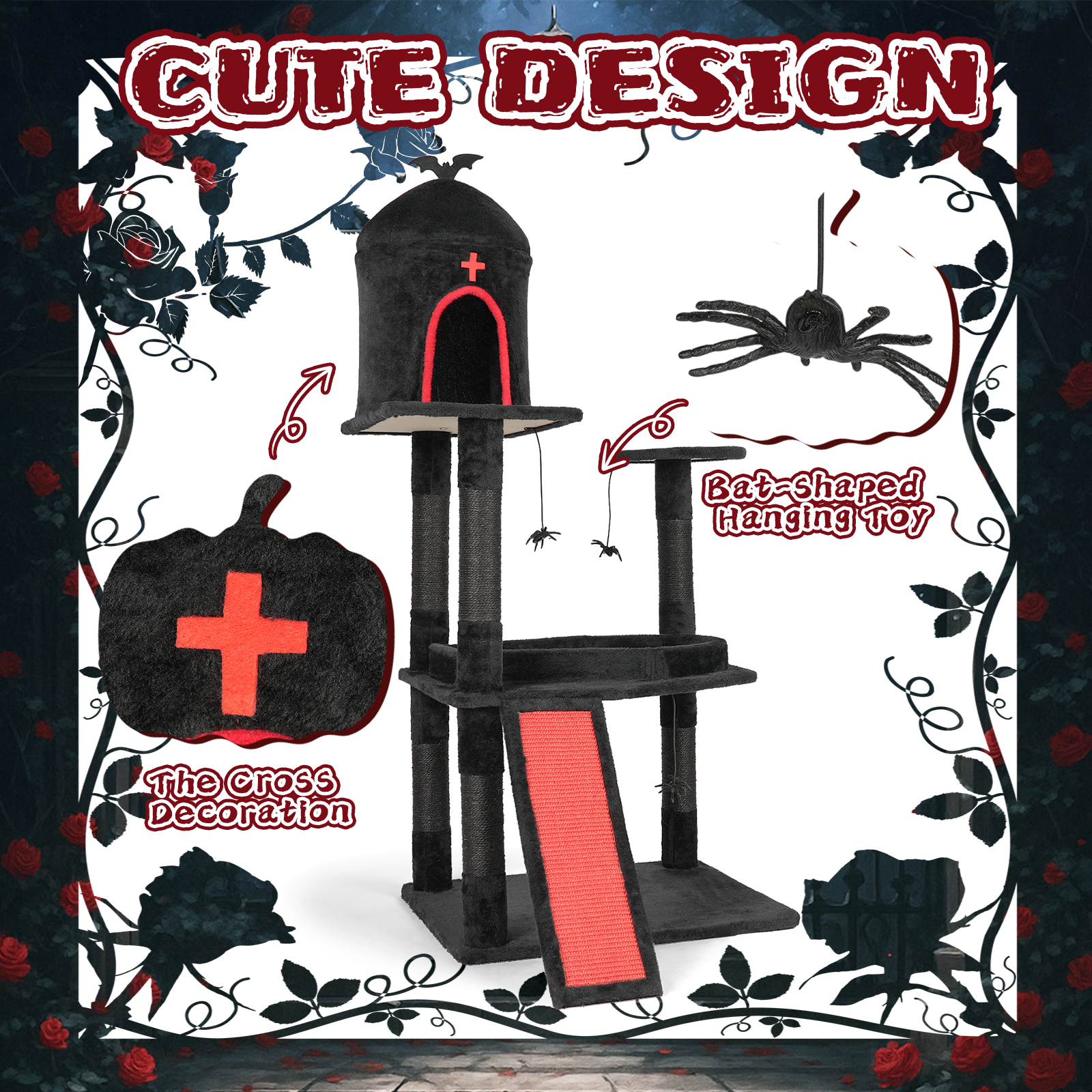 53 Inch Gothic Cat Tree Red Black Coffin Bed Spacious Condo Scratching Posts Spider Toys Multi Level Furniture for Large Cats