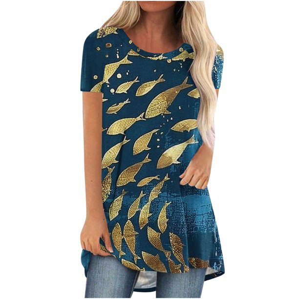 Tops de Manga Corta para las Mujeres Moda de Cuello Redondo de Ajuste Suelto Impresa Camiseta Larga Blusa, Top de Verano Casual para Diario