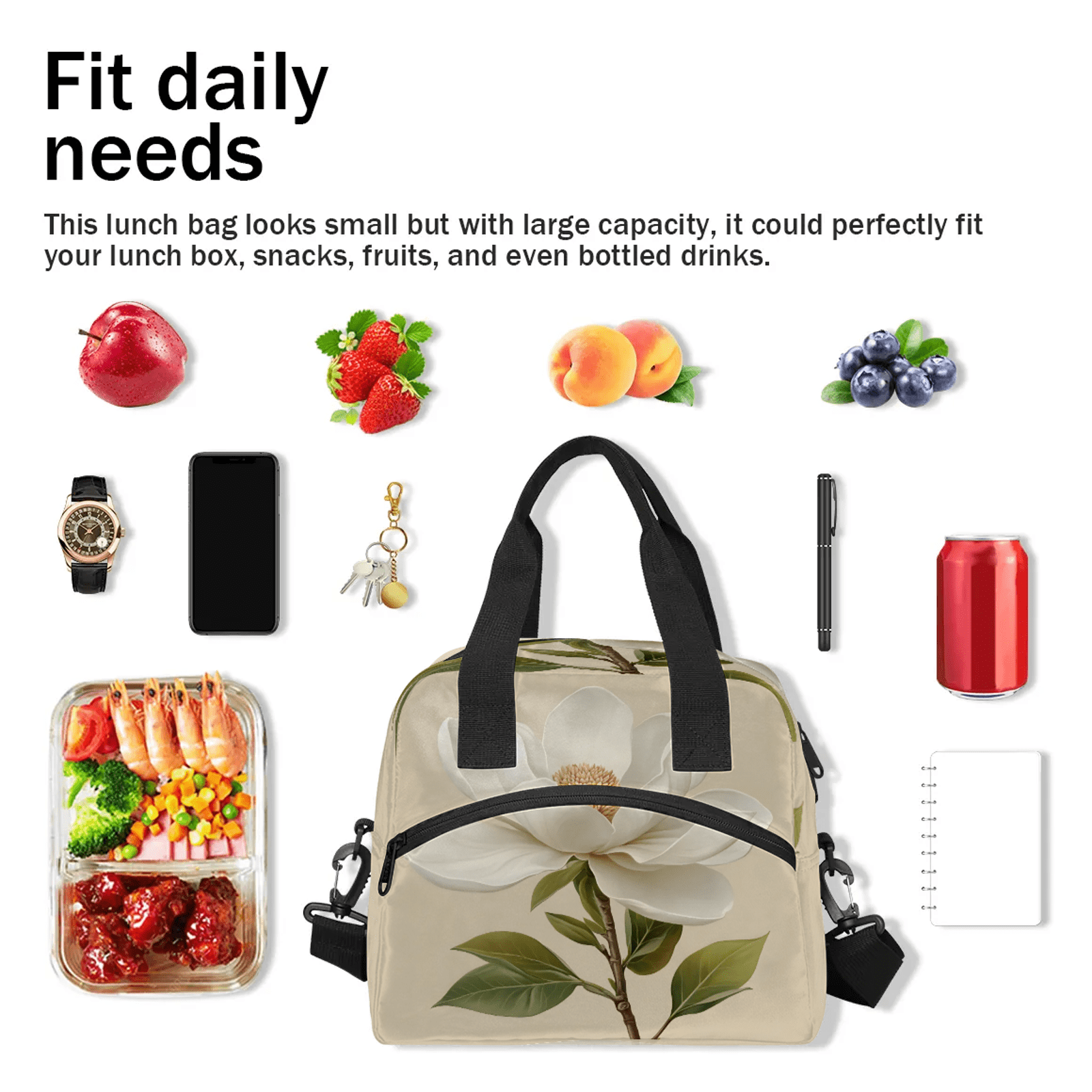 Herdesigns Flower Lunch Bag for Women Men Adult, White Floral Large Insulated Reusable Lunch Box Leakproof Portable Cooler Tote Bags for Work Picnic Beach