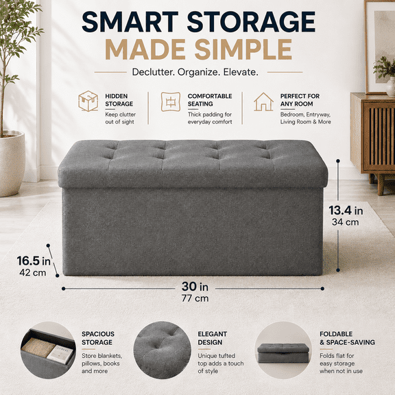 30" Storage Ottoman Bench, Folding Ottoman Foot Rest, Storage Chest with Thicker Seat, Storage for Blankets in Living Room, Entryway, Bedroom,