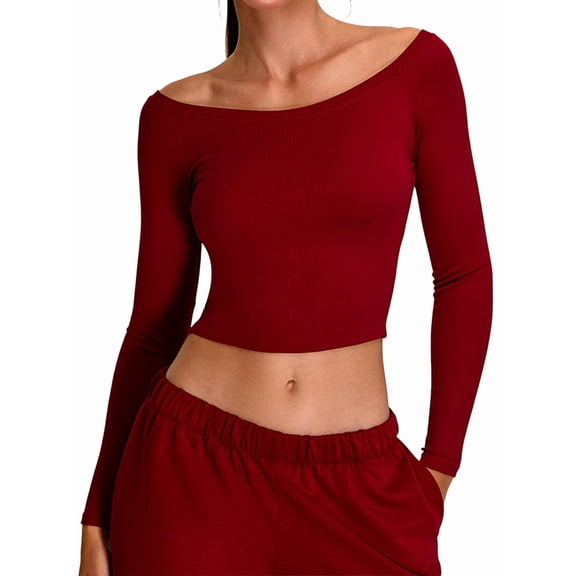 Women'S Long Sleeve Off the Shoulder Tops Going Out Cute Basic Y2K Fall Fashion 2026 Outfits Clothes Deep Red L