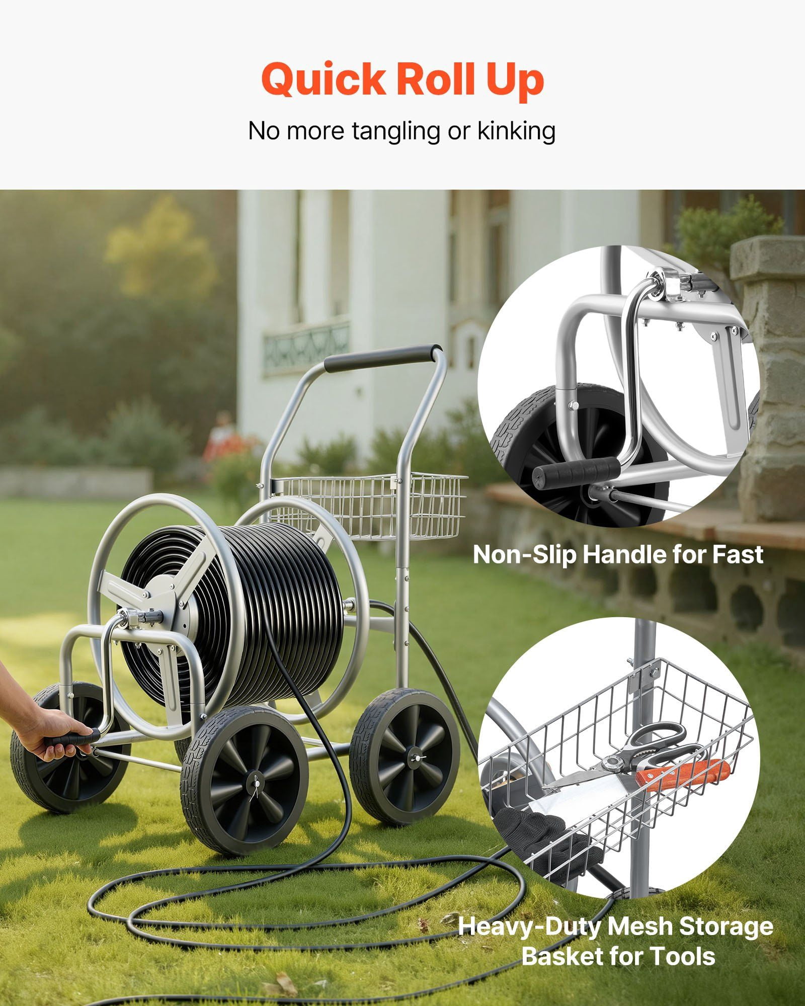 CAFORKP 4-Wheel Heavy Duty Hose Reel Cart, Holds 300ft of 5/8" Hose