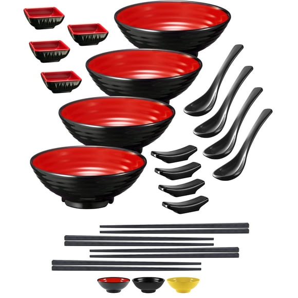 Practimondo Ensemble de 4 Bols à Nouilles - Grand Ensemble de Bols à Ramen 32oz pour Cuisine Asiatique Authentique - avec Bols à Trempette, Cuillères, Baguettes et Supports de Baguettes. Profitez du Miso Udon Wonton Thaï (Ensemble de 4 Bols, Rouge-Noir)