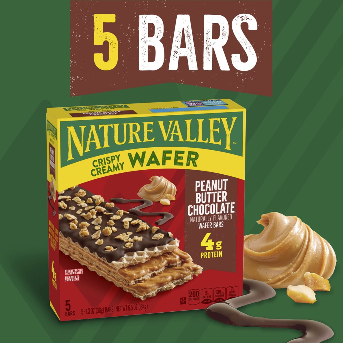 (6 pack) Nature Valley Crispy Creamy Wafer Bar, Peanut Butter Chocolate, 4g Protein, 5 Bars, 6.5 oz