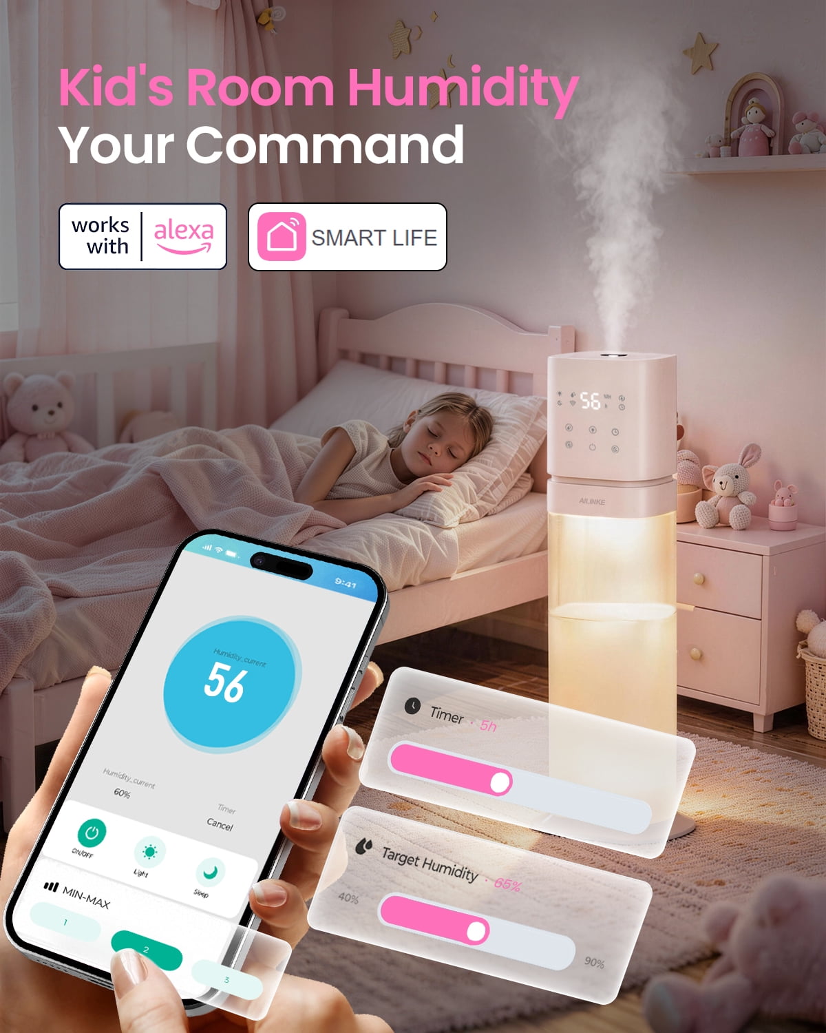 Smart Humidifier Large Room, 2.1Gal/8L Humidifiers for Bedroom with Extended Tube&Night Light, Whole House Cool Mist Humidifiers, WIFI App&Voice Control, School/Office/Warehouse, Pale Pink