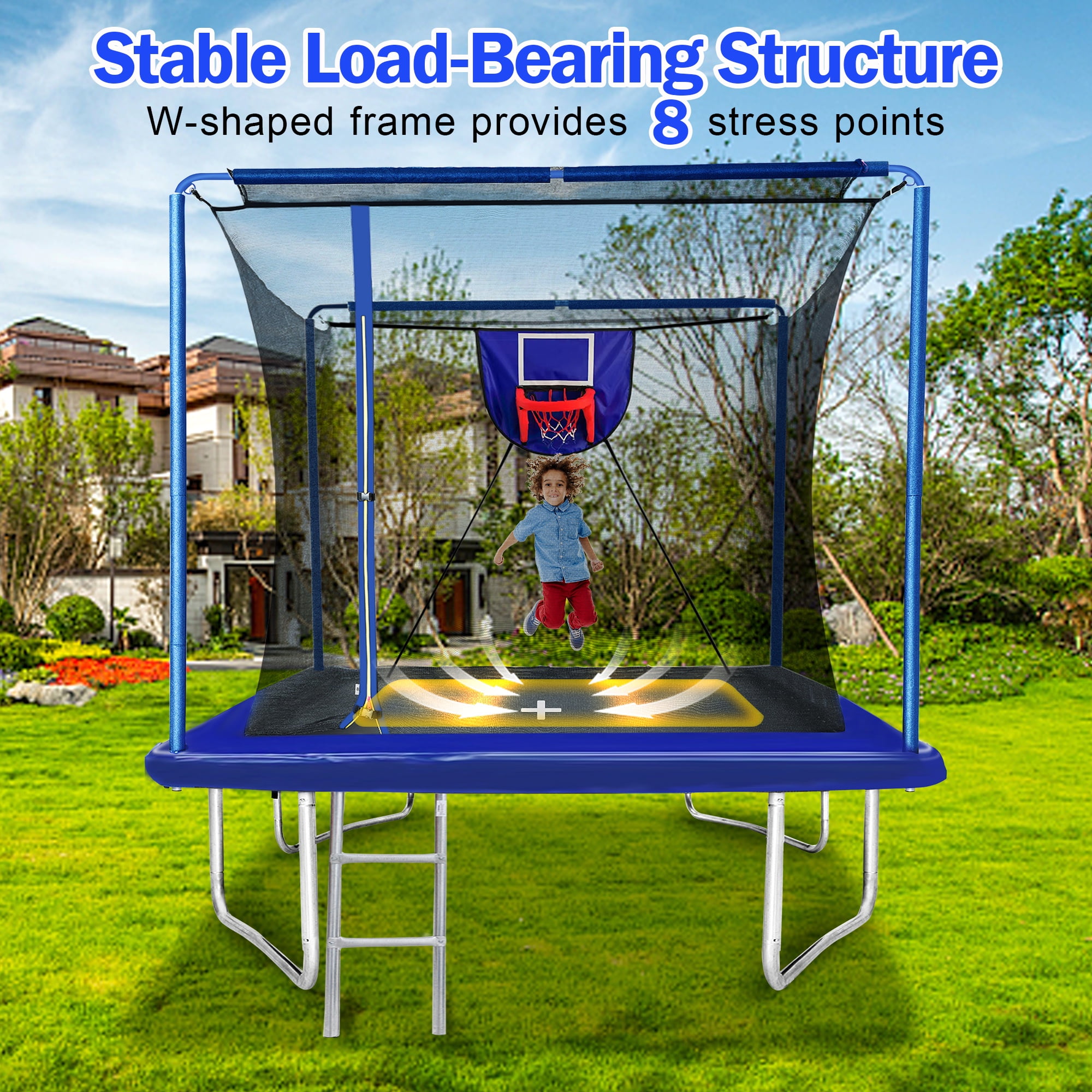 8FT x 12FT Rectangular Trampoline for Kids, Large Size Trampoline with Basketball Set, Outdoor Trampoline w/ Enclosure Net, 4 Reinforced Supports for MAX Weight 1000LBS