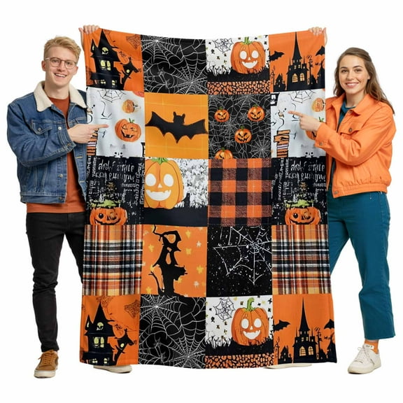 Halloween Horror Flannel Blanket for Bed,Travel and Camping, Pumpkin Castle Cowweb Plaid Orange Patchwork Super Soft Cozy Blanket for All Seasons 60"x80