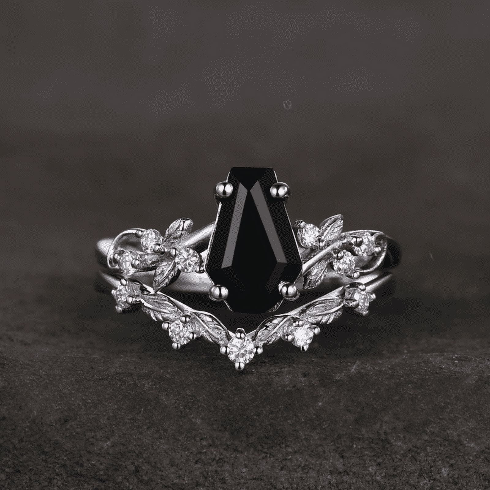 Vintage Coffin Cut Black Onyx Engagement Ring Set- 925 Sterling Silver- Twig Leaf Diamond Ring