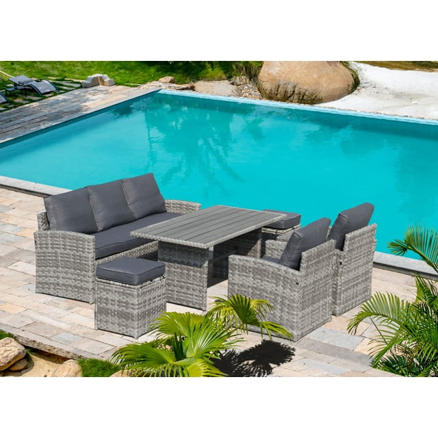 Patio Wicker Sofa Sets, 6 Piece Sectional Furniture Set with Dining Table, All Weather Rattan Furniture Set, Outdoor Conversation Chairs Set with Cushions, for Poolside, Backyard, Deck, D8177