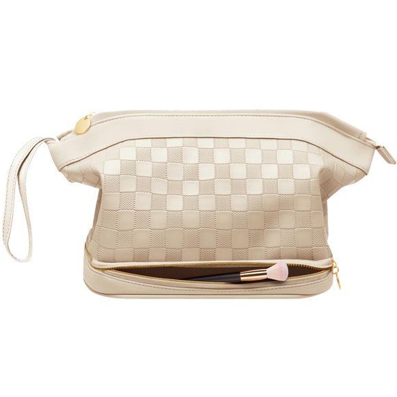 Bolsa de maquillaje Hairao, grande, de doble capa, impermeable, color beige