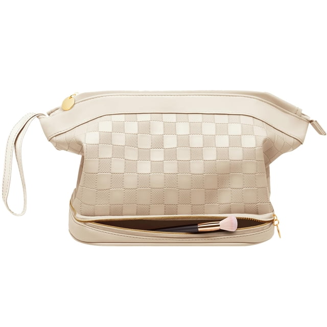 Bolsa de maquillaje Hairao, grande, de doble capa, impermeable, color beige