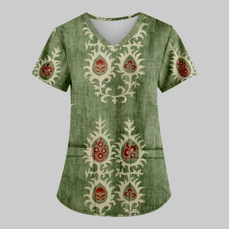 

TKing Fashion Women Plus Size Scrubs Top V-Neck Short Sleeve Animal Print Pockets Work Blouse for Women Green 3XL